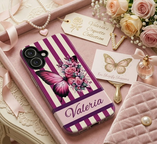 Personalized Coquette Butterfly Phone Case for iPhone & Google Pixel - Custom Name Vintage Floral Stripes Phone Cover - Cute Burgundy Rose Gift for Her