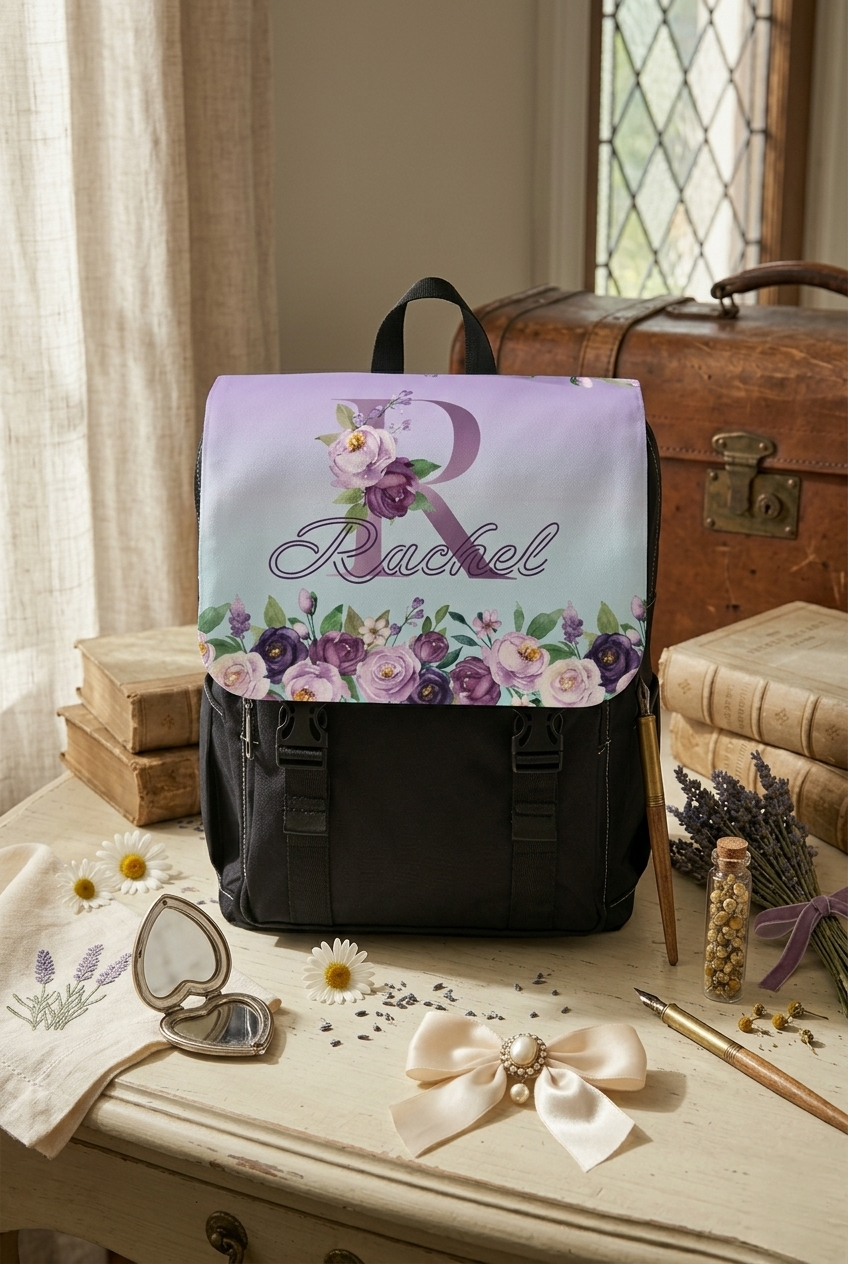 Custom Botanical Floral Backpack - Coquette Lavender & Midnight Rose Monogram Backpack