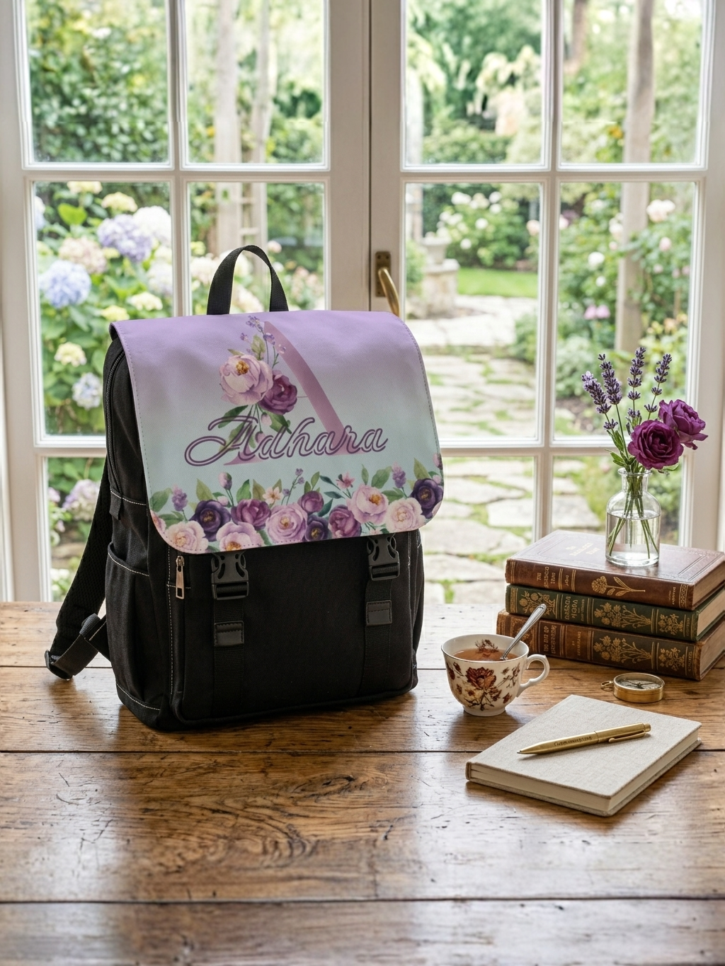 Custom Botanical Floral Backpack - Coquette Lavender & Midnight Rose Monogram Backpack