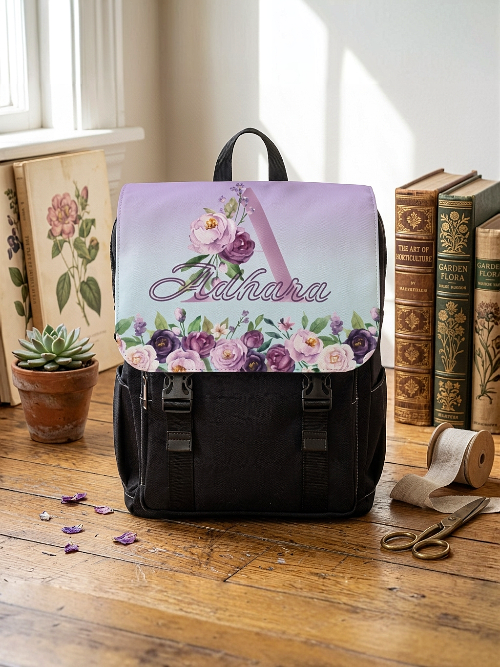 Custom Botanical Floral Backpack - Coquette Lavender & Midnight Rose Monogram Backpack
