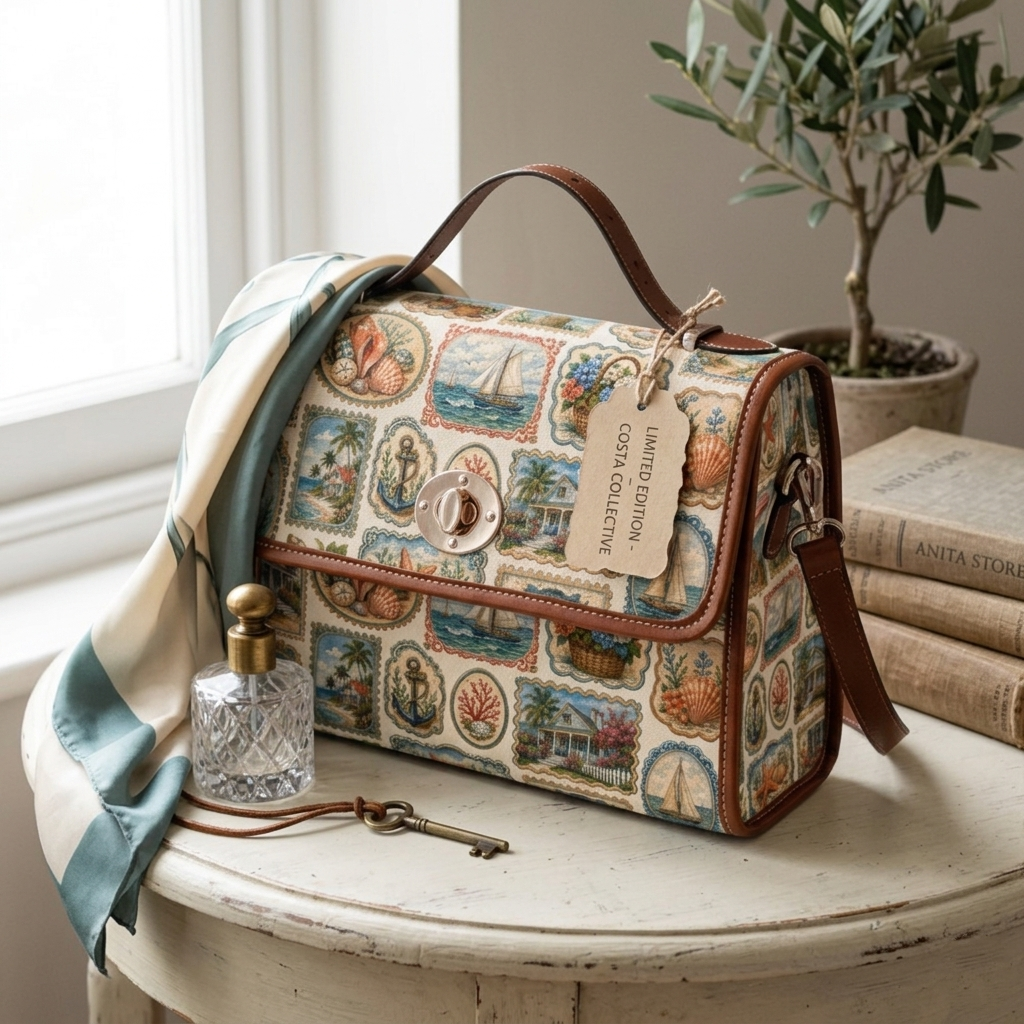 Vintage Coastal Stamp Shoulder Bag - Nautical Leather Trim Handbag - Retro Seaside Postcard Satchel - Elegant Beach Cottage Core Purse