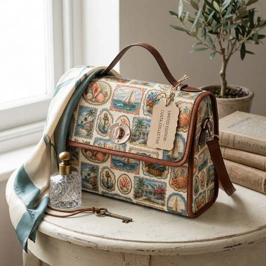 Vintage Coastal Stamp Shoulder Bag - Nautical Leather Trim Handbag - Retro Seaside Postcard Satchel - Elegant Beach Cottage Core Purse