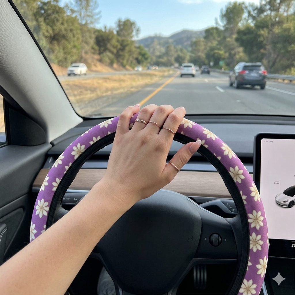 Coquette Floral Steering Wheel Cover | Cute Purple Flower Car Accessory