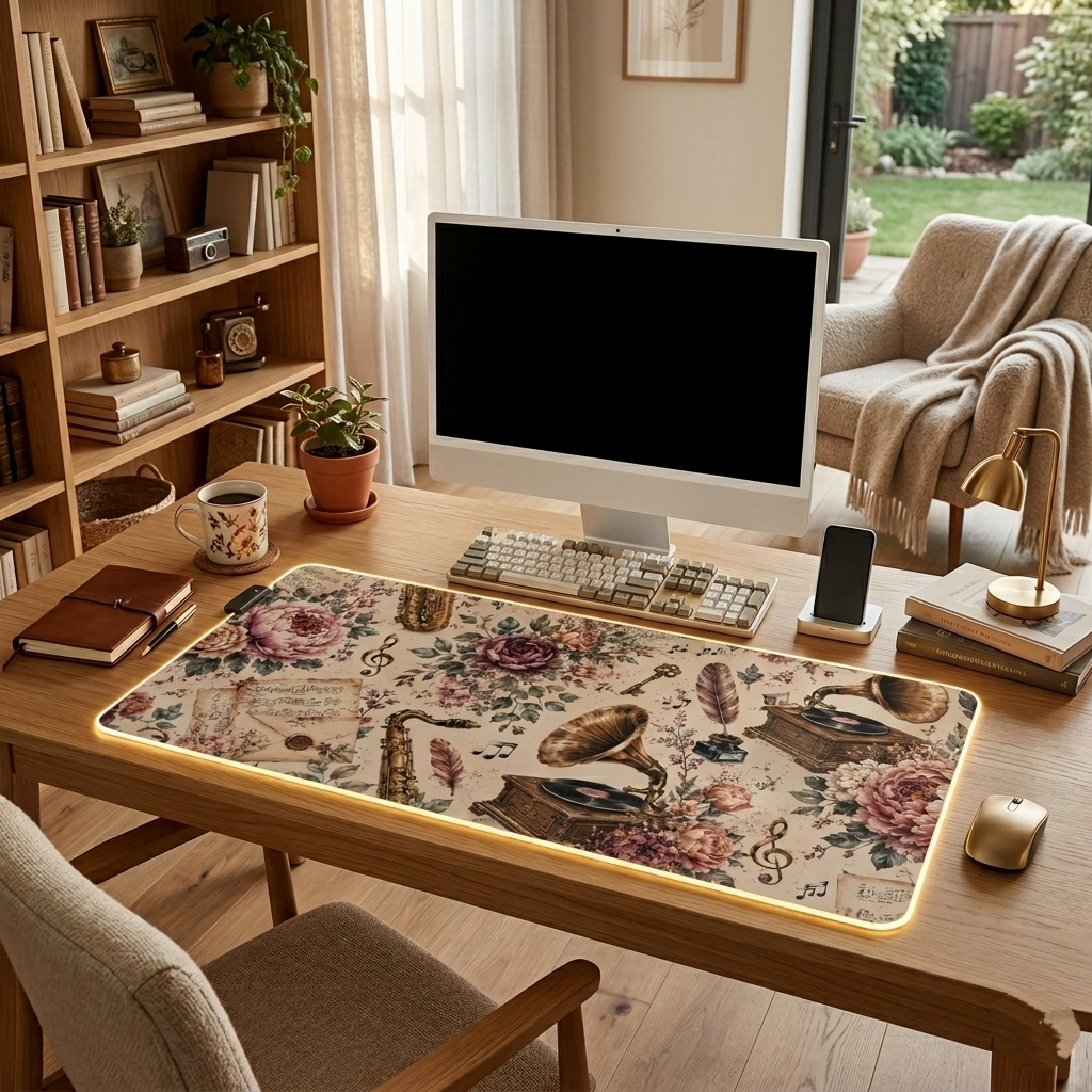 Vintage Music LED Gaming Mouse Pad - Dark Academia Desk Mat, Large RGB Keyboard Mat with Antique Gramophone & Botanical Rose Design, Aesthetic Desk Setup