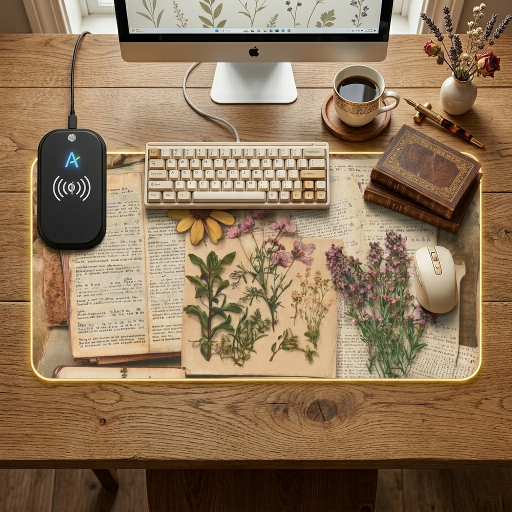 Pressed Flowers Vintage Desk Mat - Aesthetic Botanical LED Mouse Pad, Cottagecore Herbarium RGB Keyboard Mat, Large Wildflower Desk Pad for Book Lovers