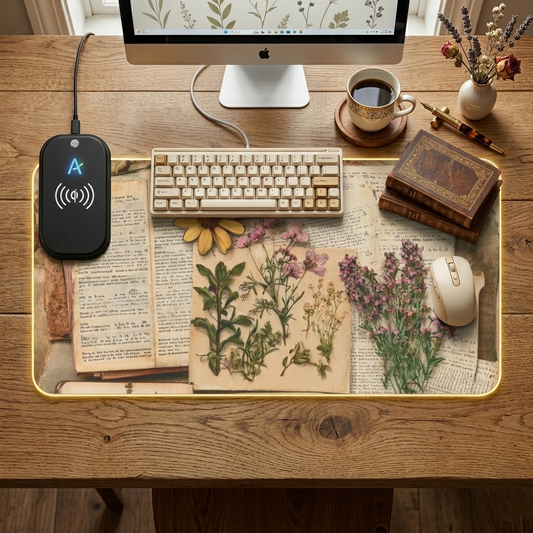 Pressed Flowers Vintage Desk Mat - Aesthetic Botanical LED Mouse Pad, Cottagecore Herbarium RGB Keyboard Mat, Large Wildflower Desk Pad for Book Lovers