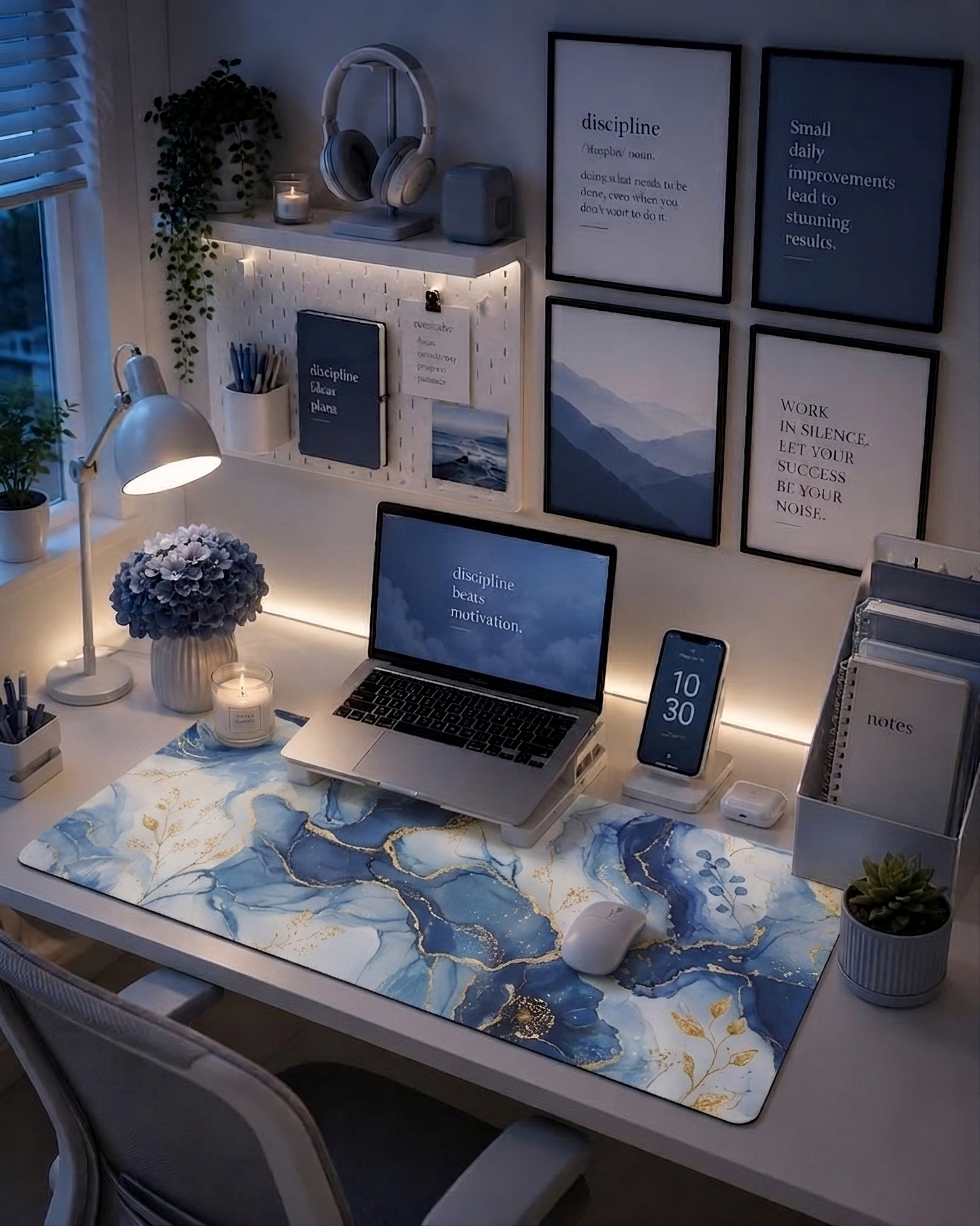 Luxury Blue Marble Floral LED Desk Mat Designed by Anita Store | Elegant Gold Foil Botanical RGB Mouse Pad, Aesthetic Fluid Ink Gaming Desk Pad
