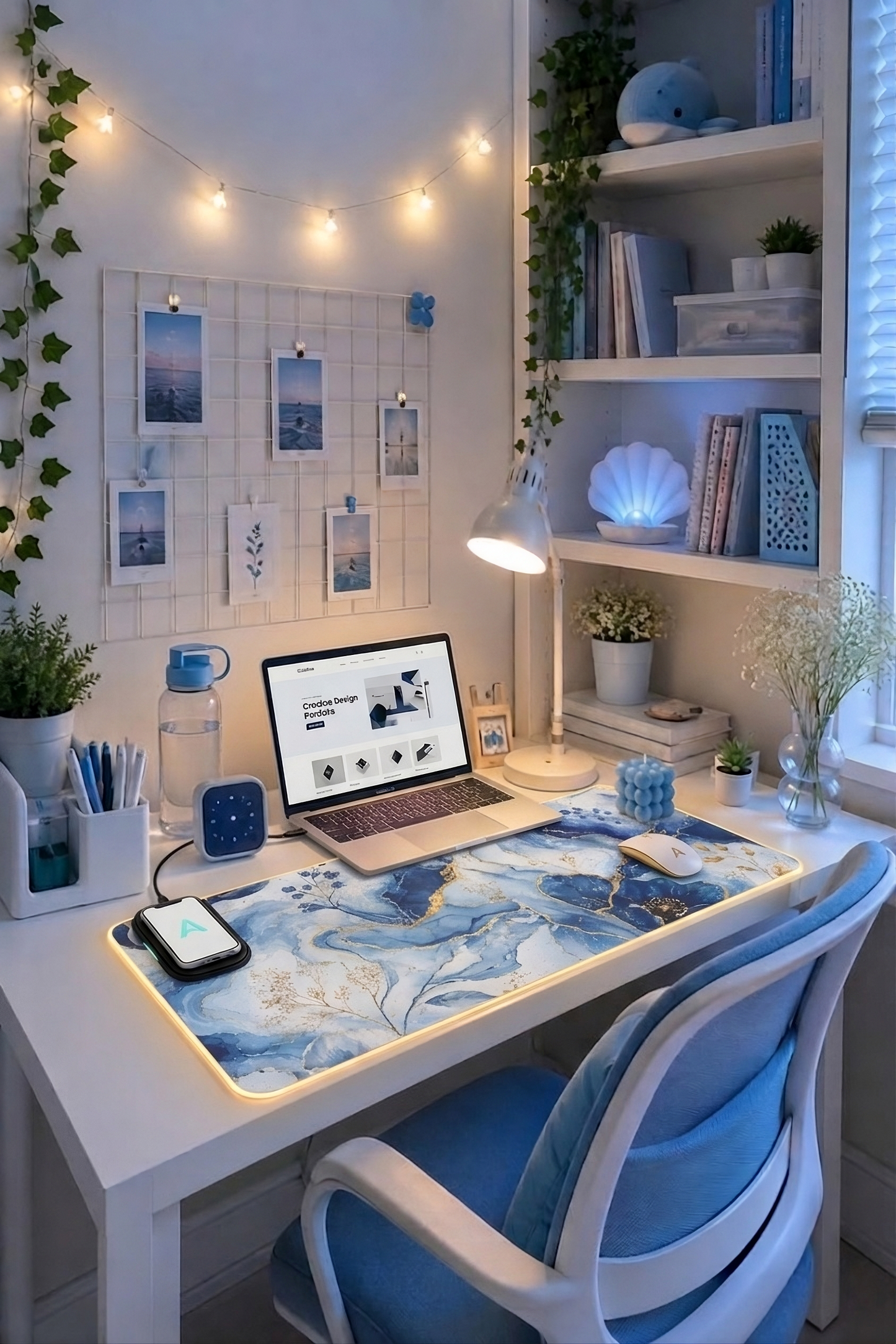 Luxury Blue Marble Floral LED Desk Mat Designed by Anita Store | Elegant Gold Foil Botanical RGB Mouse Pad, Aesthetic Fluid Ink Gaming Desk Pad