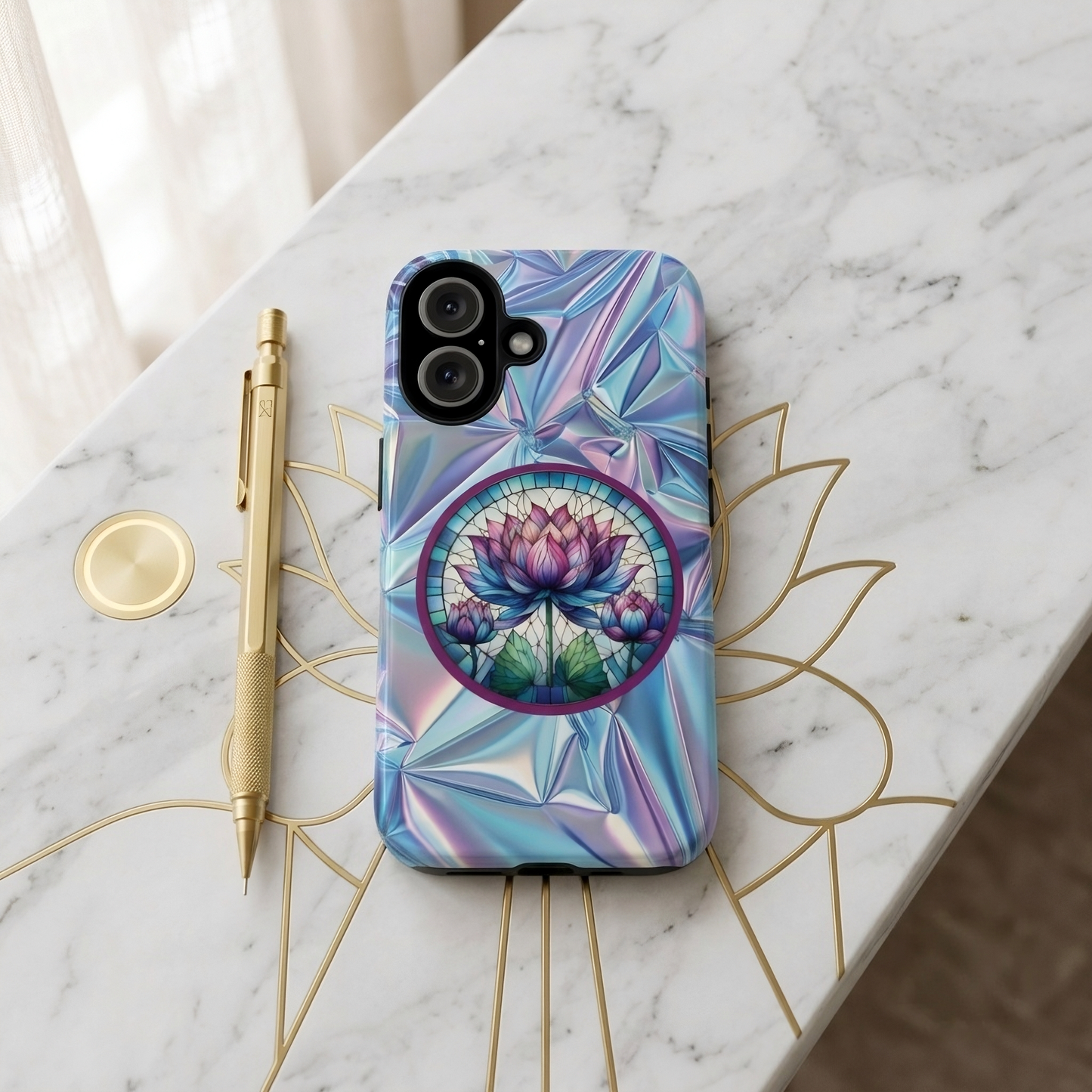 Luxury Holographic Lotus Flower Phone Case Designed by Anita Store | Stained Glass Floral iPhone 17 16 Pro Max Case, Pastel Iridescent Samsung S26 Cover