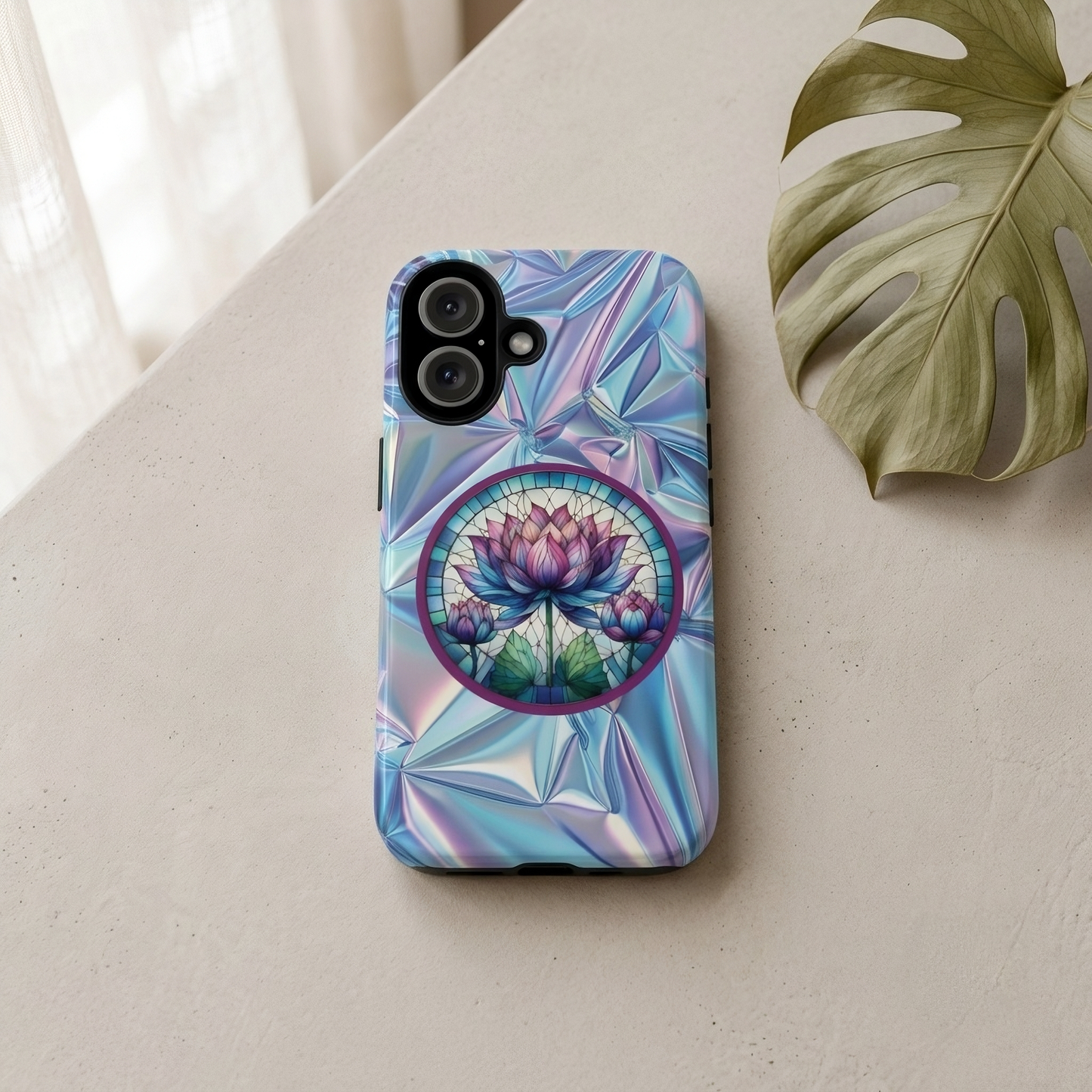 Luxury Holographic Lotus Flower Phone Case Designed by Anita Store | Stained Glass Floral iPhone 17 16 Pro Max Case, Pastel Iridescent Samsung S26 Cover