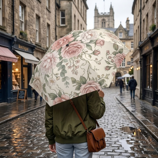 Premium Vintage Botanical Umbrella Designed by Anita Store | Romantic Pastel Floral Folding Umbrella, Elegant Cottagecore Watercolor Rain Accessory
