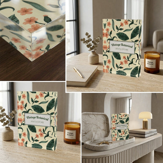 Luxury Vintage Botanical Acrylic Block Designed by Anita Store | Elegant 3D Floral Desk Decor, Premium Watercolor Flower Art Block, Aesthetic Office Gift