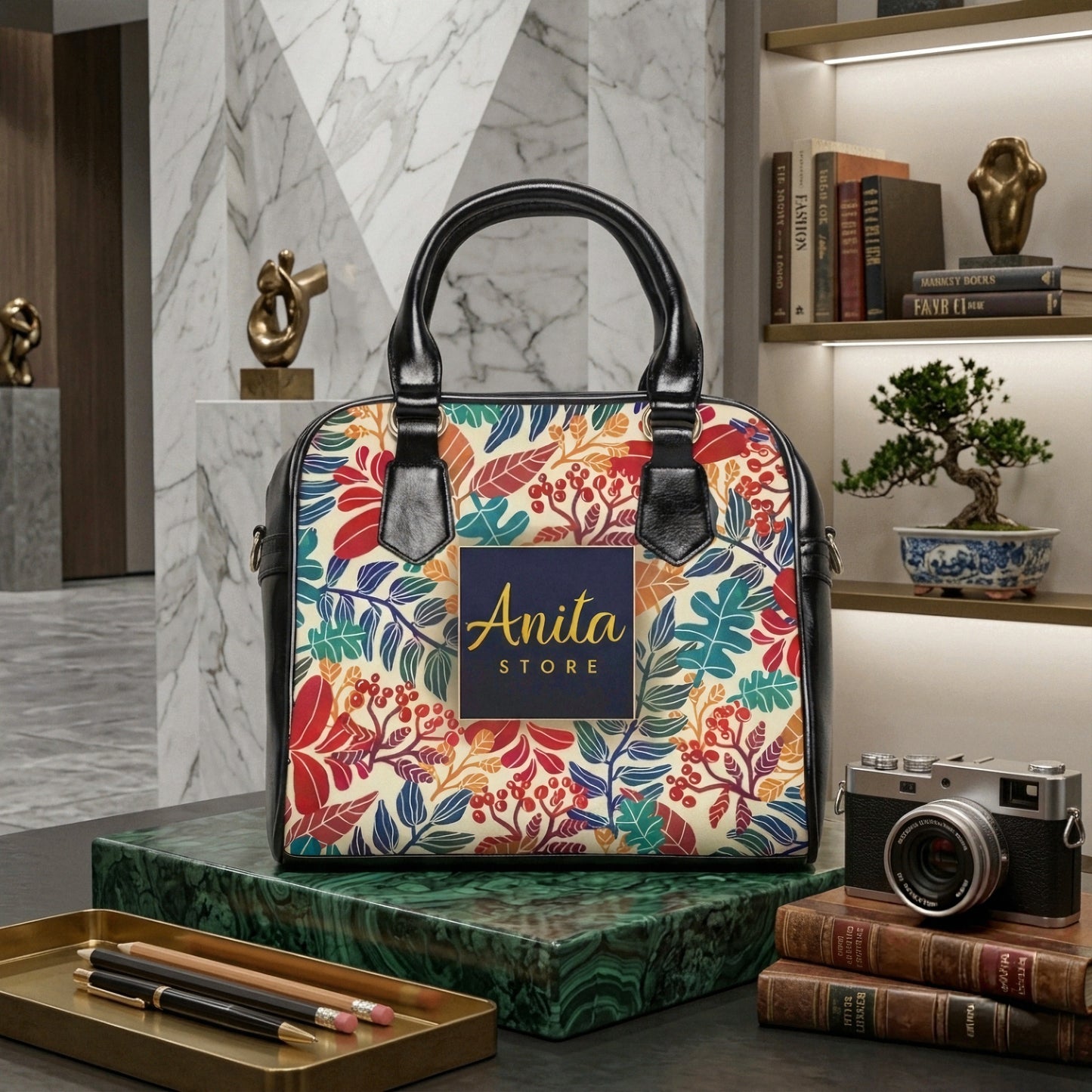 Vibrant Autumn Botanical Shoulder Bag Designed by Anita Store | Elegant Colorful Leaf Pattern Handbag, Premium Aesthetic Satchel Purse, Luxury Nature Lover Gift