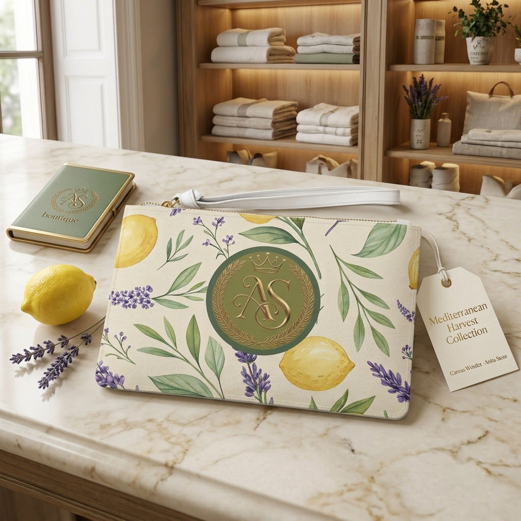 Elegant Lemon and Lavender Canvas Wristlet Clutch with AS Royal Crest - Mediterranean Botanical Summer Handbag by Anita Store