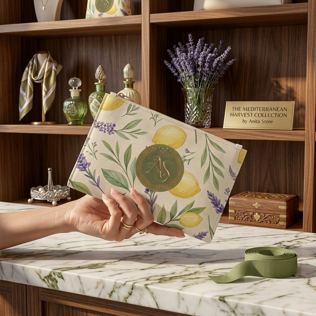 Elegant Lemon and Lavender Canvas Wristlet Clutch with AS Royal Crest - Mediterranean Botanical Summer Handbag by Anita Store