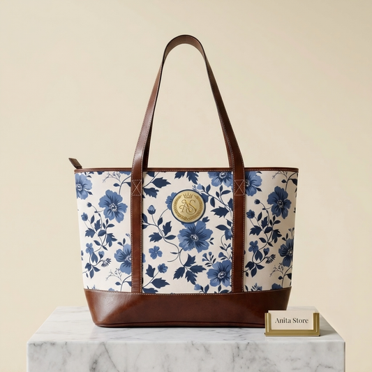 Chic Mediterranean Blue Floral Canvas Tote Bag - Elegant Botanical Shoulder Handbag with Faux Leather Trim