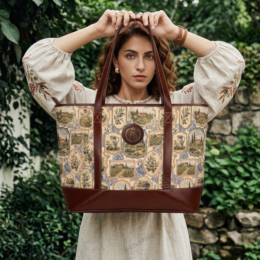 Italian Countryside Tapestry Tote Bag with Leather Strap, Olive Branch & Vineyard Aesthetic Shoulder Bag, Vintage European Style Canvas Tote, Mediterranean Travel Bag