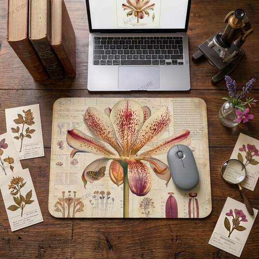 Botanical Lily Mouse Pad – Vintage Floral Desk Mat, Aesthetic Coquette Mousepad, Antique Nature Illustration Studio Desk Decor