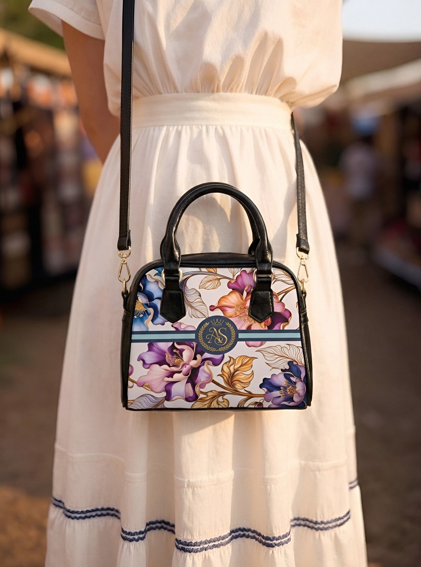 Floral Luxe Shoulder Handbag – Vintage Rose Print with Monogram Emblem