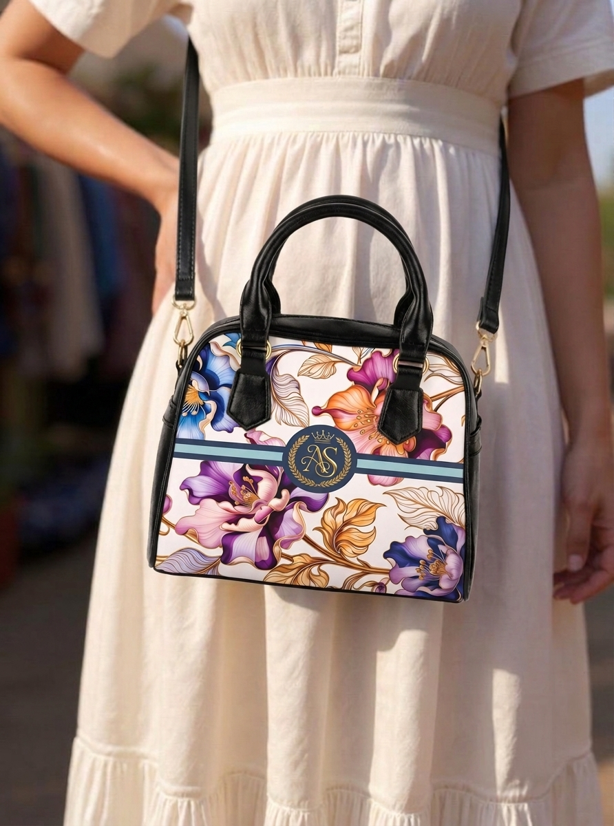 Floral Luxe Shoulder Handbag – Vintage Rose Print with Monogram Emblem