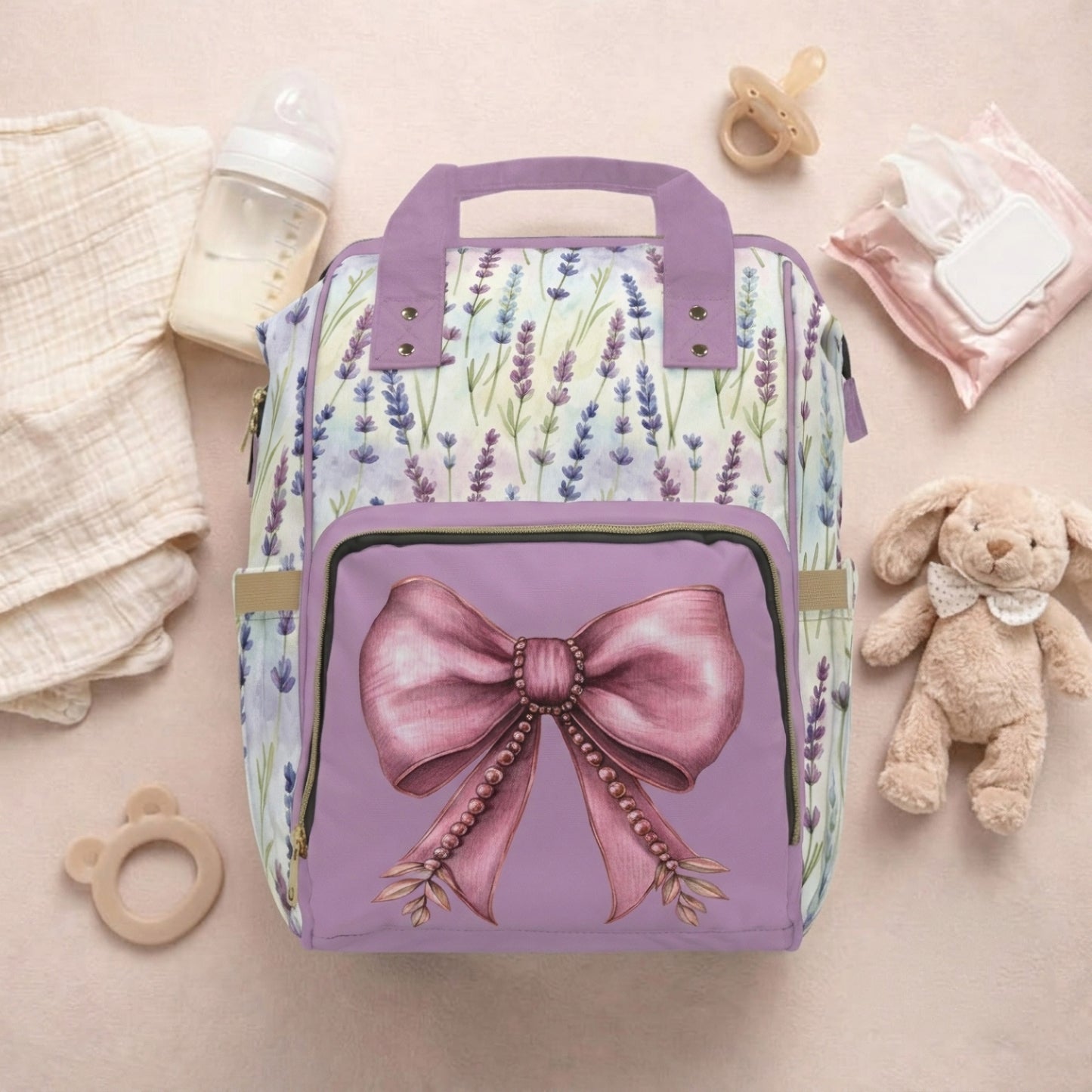 Lavender Bow Diaper Backpack — Floral Multifunctional Baby Bag
