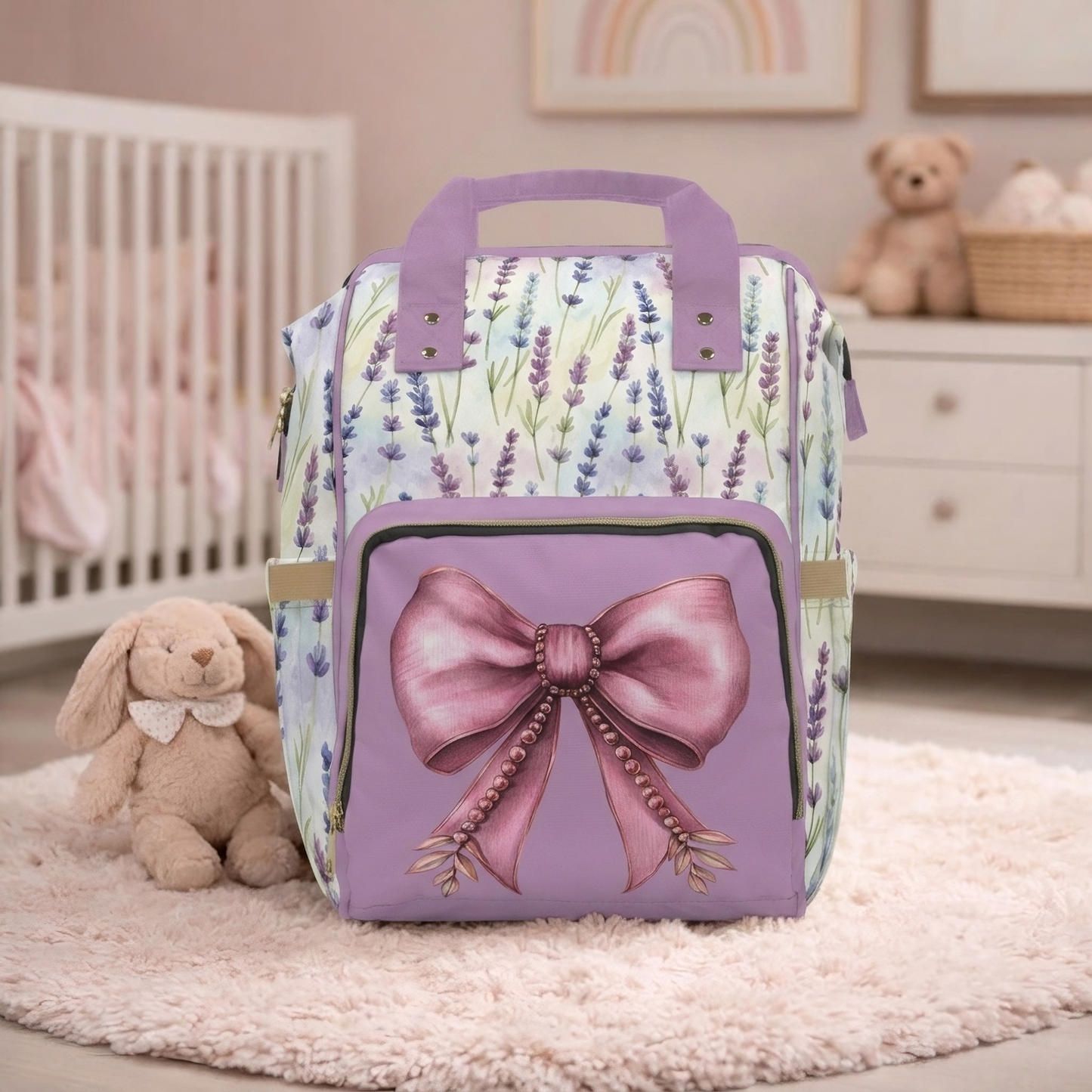 Lavender Bow Diaper Backpack — Floral Multifunctional Baby Bag