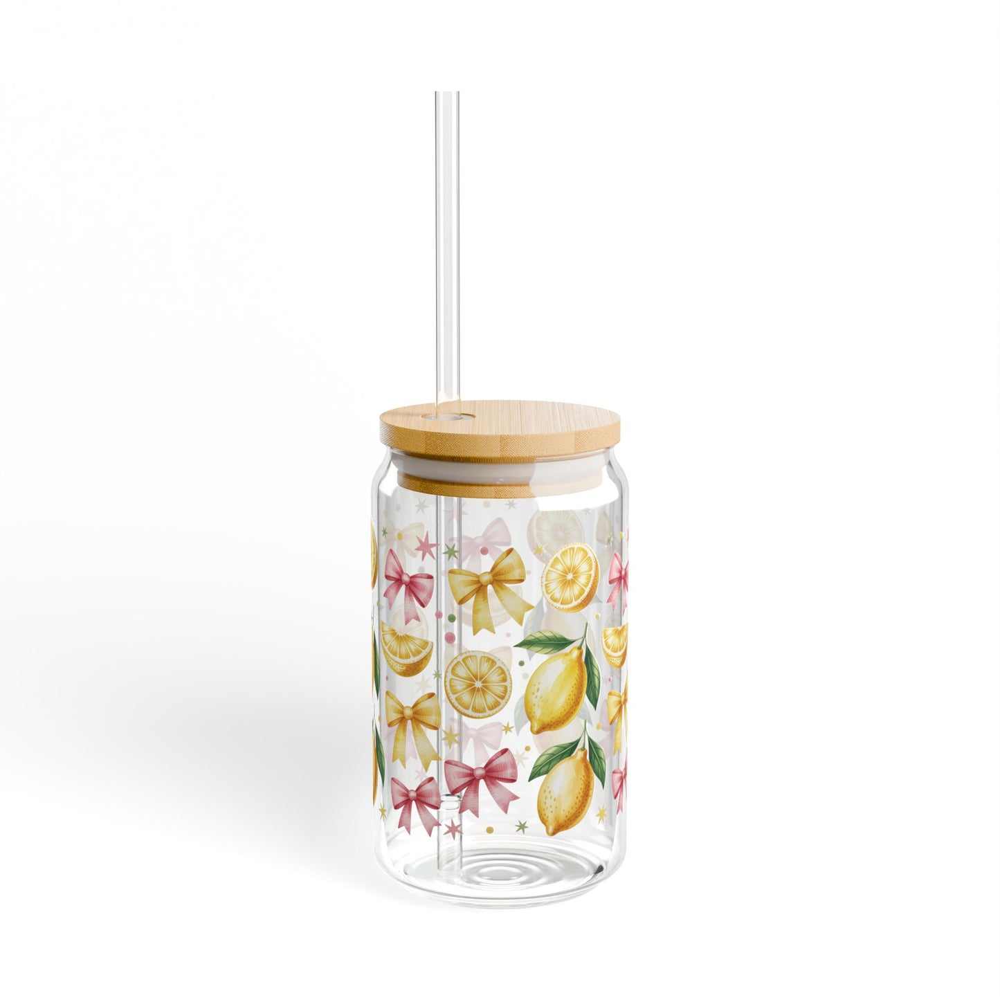 Lemon & Coquette Bow Aesthetic Can Glass - 16oz Iced Coffee Glass with Bamboo Lid & Straw - Summer Fruit Drinkware