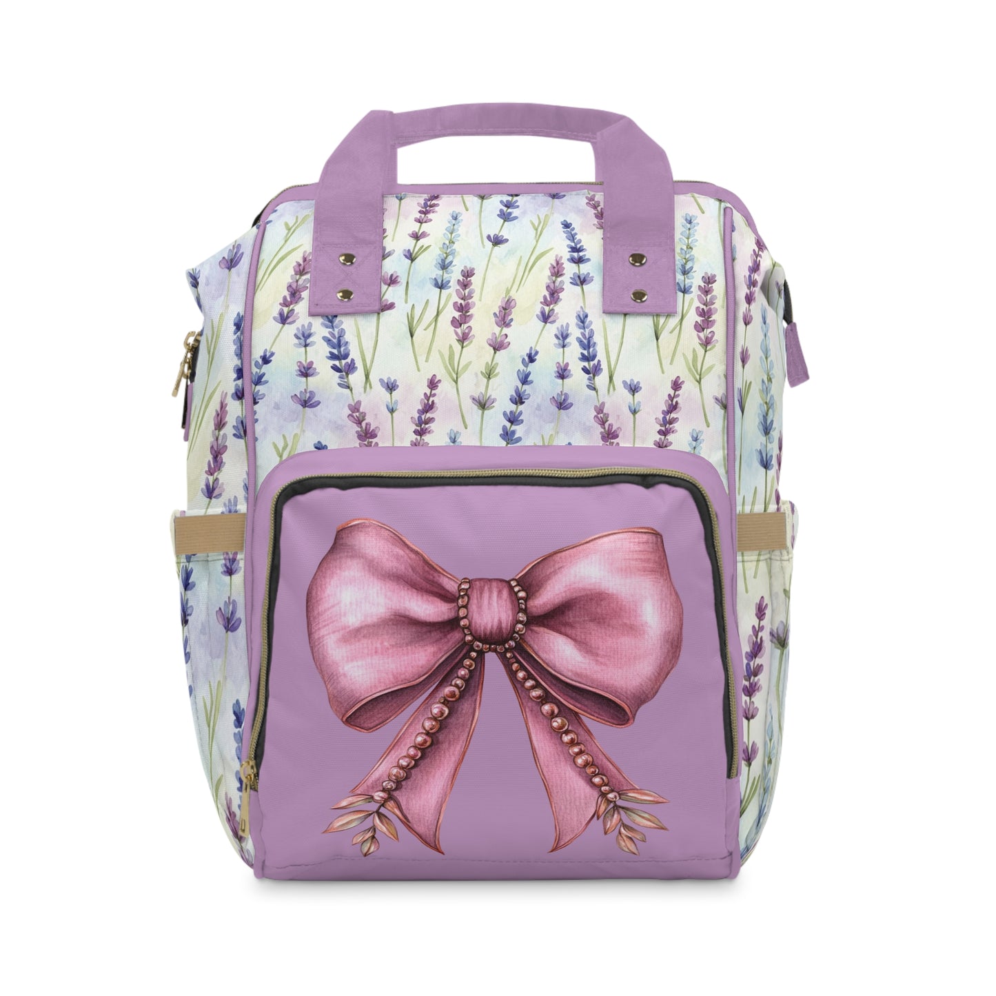 Coquette Lavender Floral Diaper Bag Backpack with Ribbon & Pearls Accent