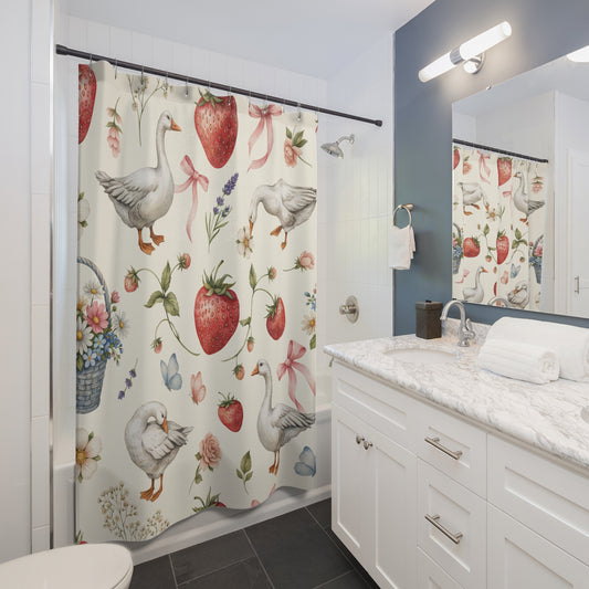 Cottagecore Goose and Strawberry Shower Curtain - Coquette Aesthetic Bathroom Decor - Vintage Botanical Floral Bath Curtain with Bows