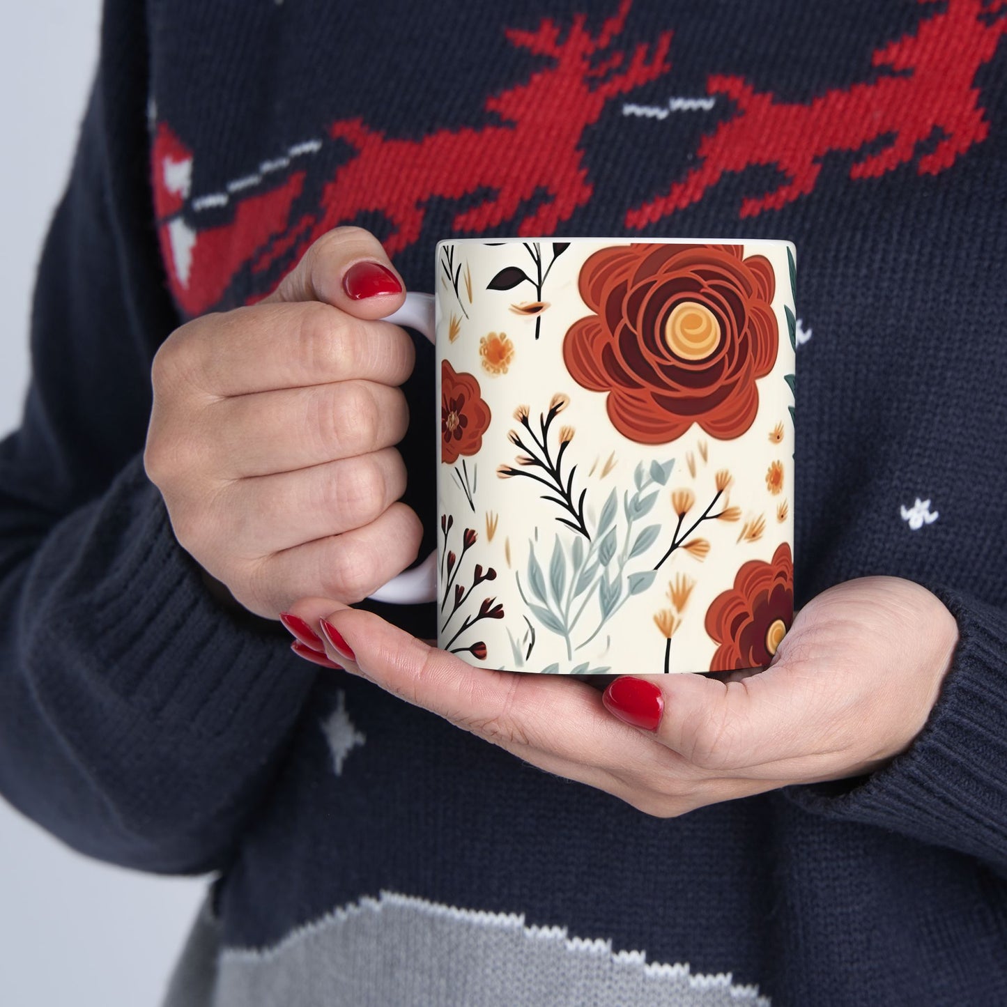 Floral Botanical Coffee Mug - Warm Earth Tones Flower Cup - Aesthetic Garden Office Decor - Personalized Gift for Mom - Boho Style Ceramic Tea Mug