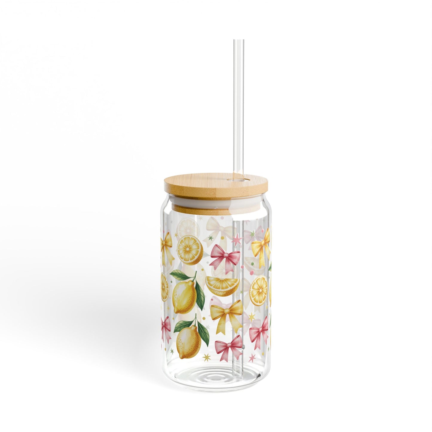 Lemon & Coquette Bow Aesthetic Can Glass - 16oz Iced Coffee Glass with Bamboo Lid & Straw - Summer Fruit Drinkware