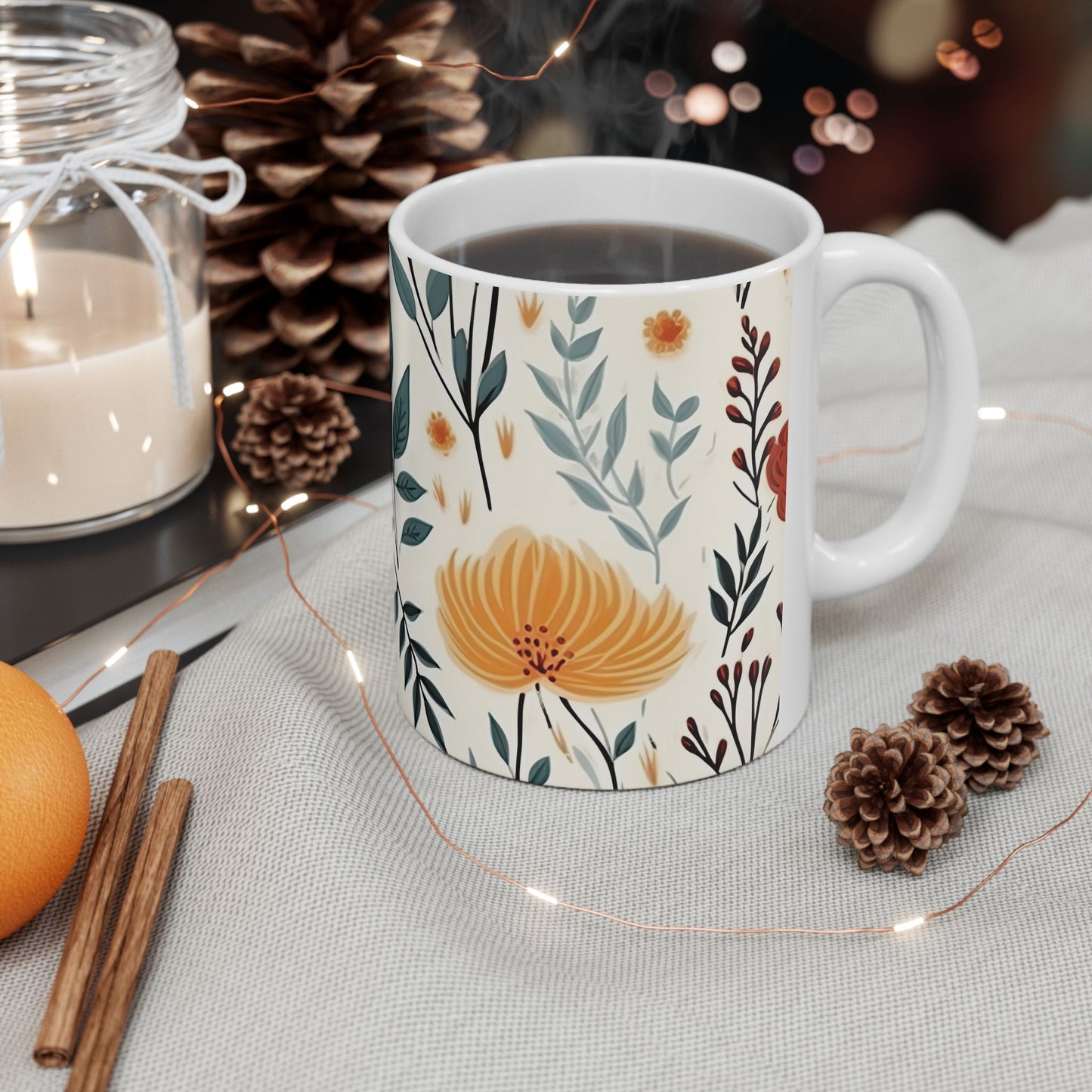 Floral Botanical Coffee Mug - Warm Earth Tones Flower Cup - Aesthetic Garden Office Decor - Personalized Gift for Mom - Boho Style Ceramic Tea Mug