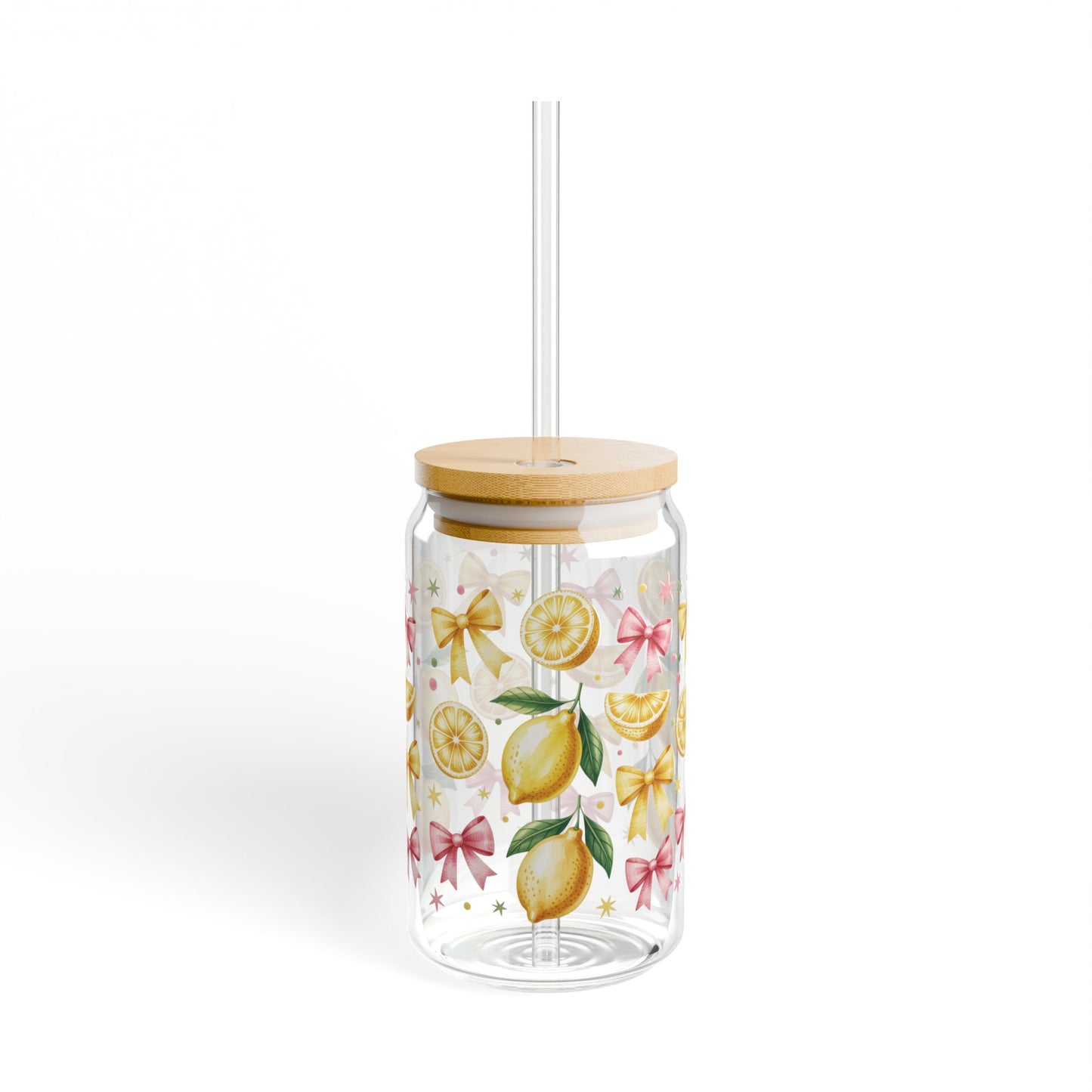 Lemon & Coquette Bow Aesthetic Can Glass - 16oz Iced Coffee Glass with Bamboo Lid & Straw - Summer Fruit Drinkware