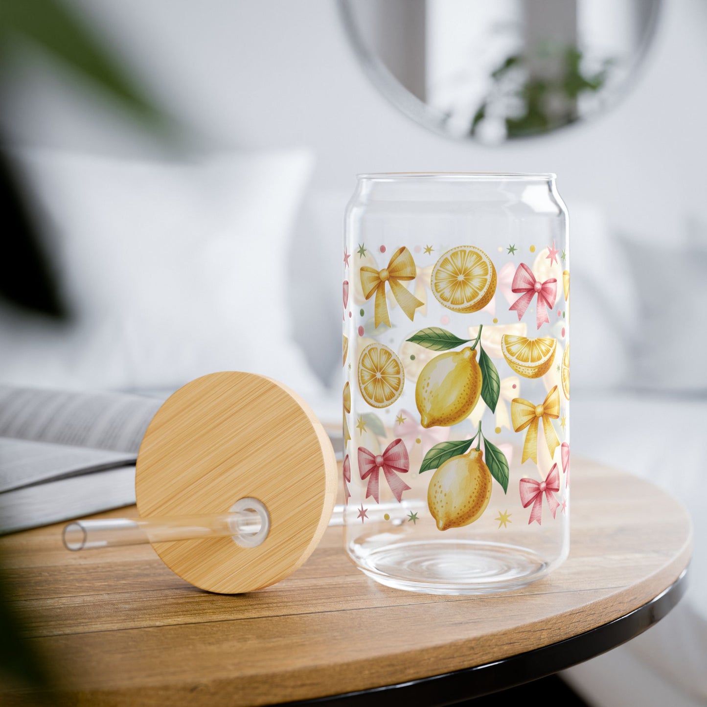 Lemon & Coquette Bow Aesthetic Can Glass - 16oz Iced Coffee Glass with Bamboo Lid & Straw - Summer Fruit Drinkware