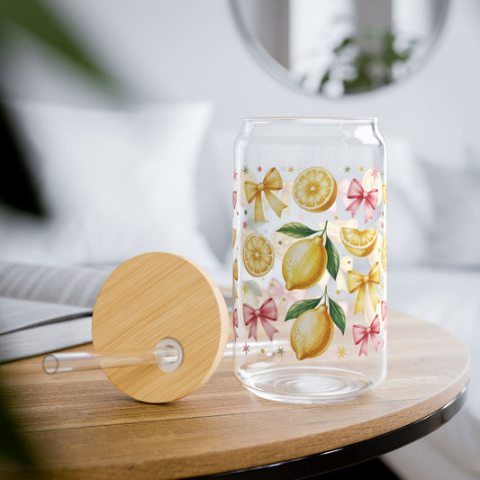 Lemon & Coquette Bow Aesthetic Can Glass - 16oz Iced Coffee Glass with Bamboo Lid & Straw - Summer Fruit Drinkware