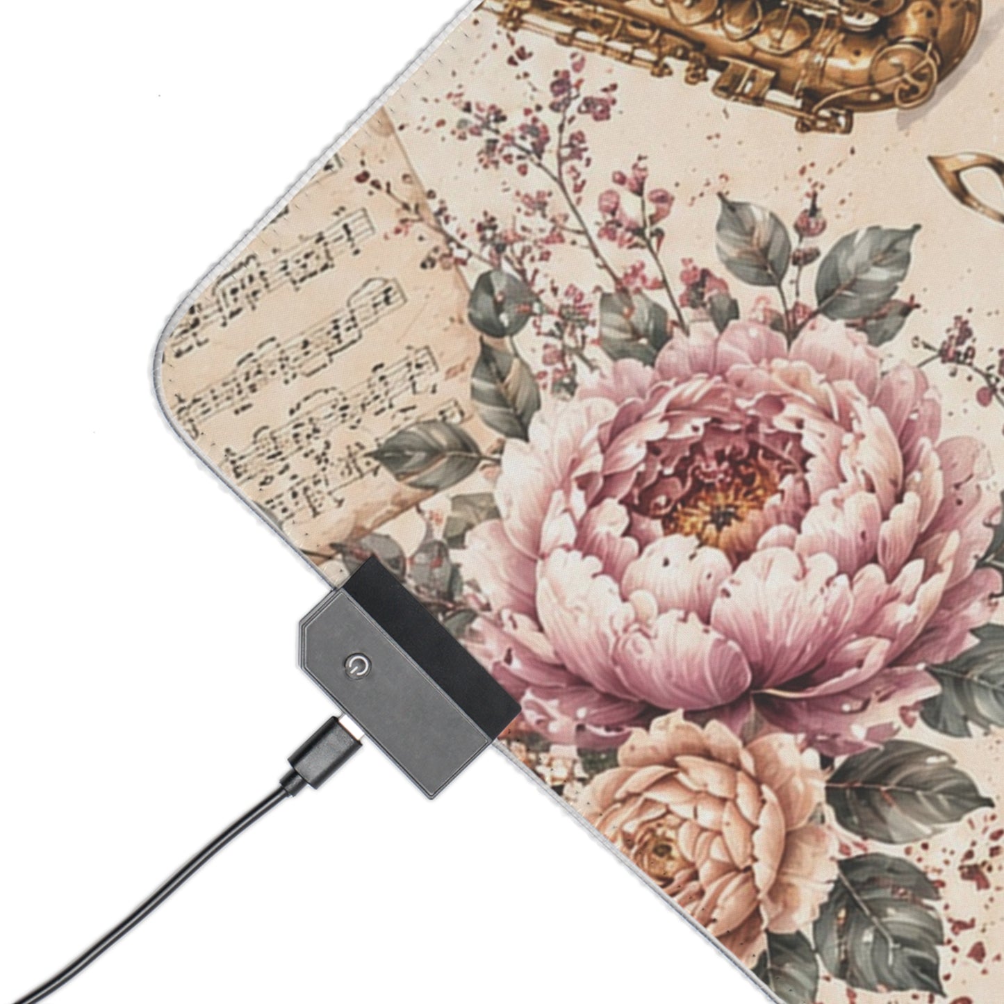 Vintage Music LED Gaming Mouse Pad - Dark Academia Desk Mat, Large RGB Keyboard Mat with Antique Gramophone & Botanical Rose Design, Aesthetic Desk Setup
