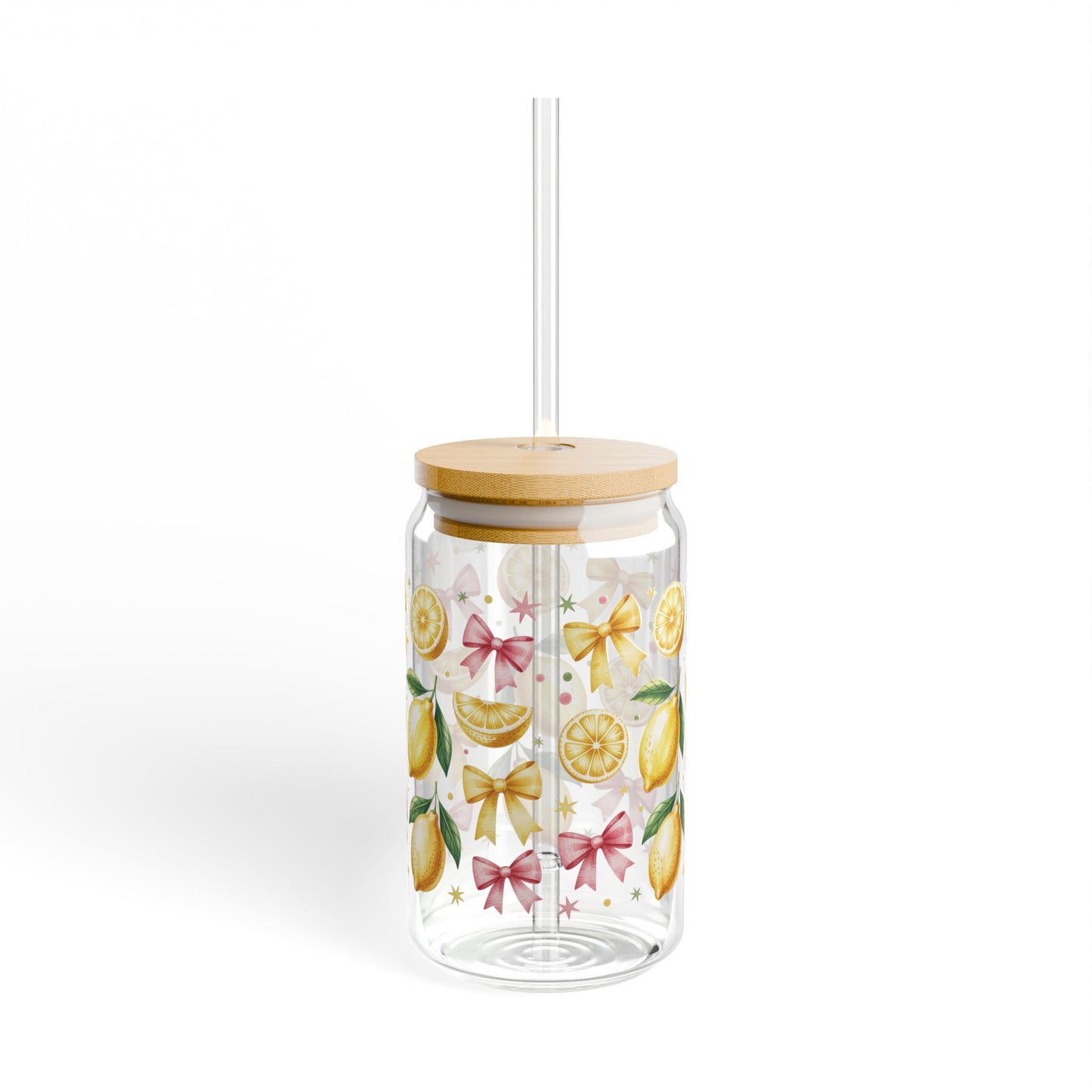 Lemon & Coquette Bow Aesthetic Can Glass - 16oz Iced Coffee Glass with Bamboo Lid & Straw - Summer Fruit Drinkware