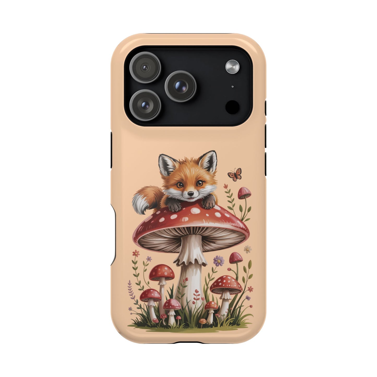 Cute Fox on Mushroom Tough Phone Case - Woodland Fairycore Aesthetic iPhone Cover - Whimsical Forest Gift for Nature Lovers