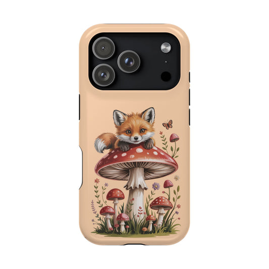 Cute Fox on Mushroom Tough Phone Case - Woodland Fairycore Aesthetic iPhone Cover - Whimsical Forest Gift for Nature Lovers
