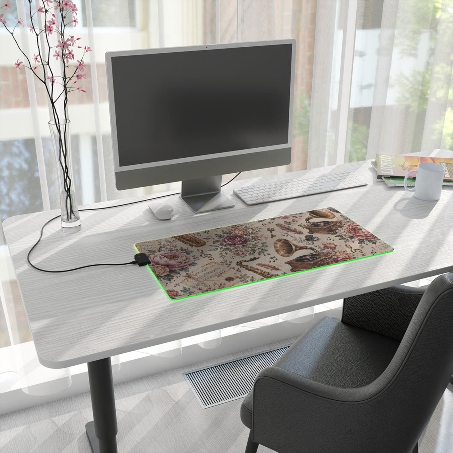 Vintage Music LED Gaming Mouse Pad - Dark Academia Desk Mat, Large RGB Keyboard Mat with Antique Gramophone & Botanical Rose Design, Aesthetic Desk Setup