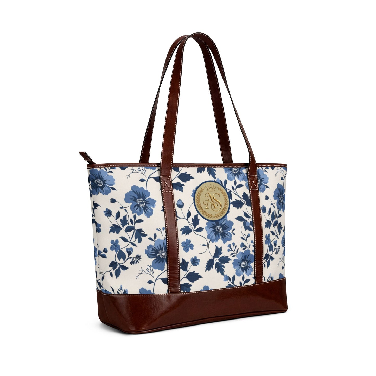 Chic Mediterranean Blue Floral Canvas Tote Bag - Elegant Botanical Shoulder Handbag with Faux Leather Trim