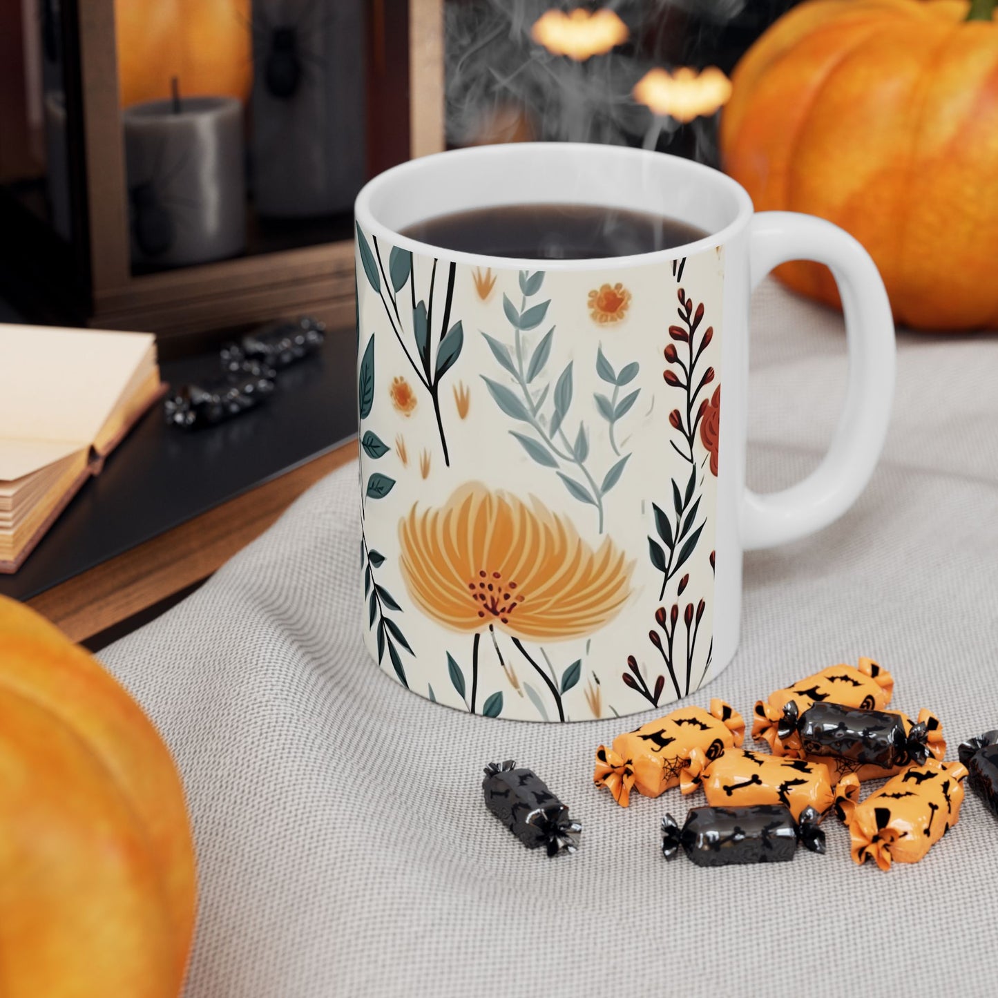 Floral Botanical Coffee Mug - Warm Earth Tones Flower Cup - Aesthetic Garden Office Decor - Personalized Gift for Mom - Boho Style Ceramic Tea Mug