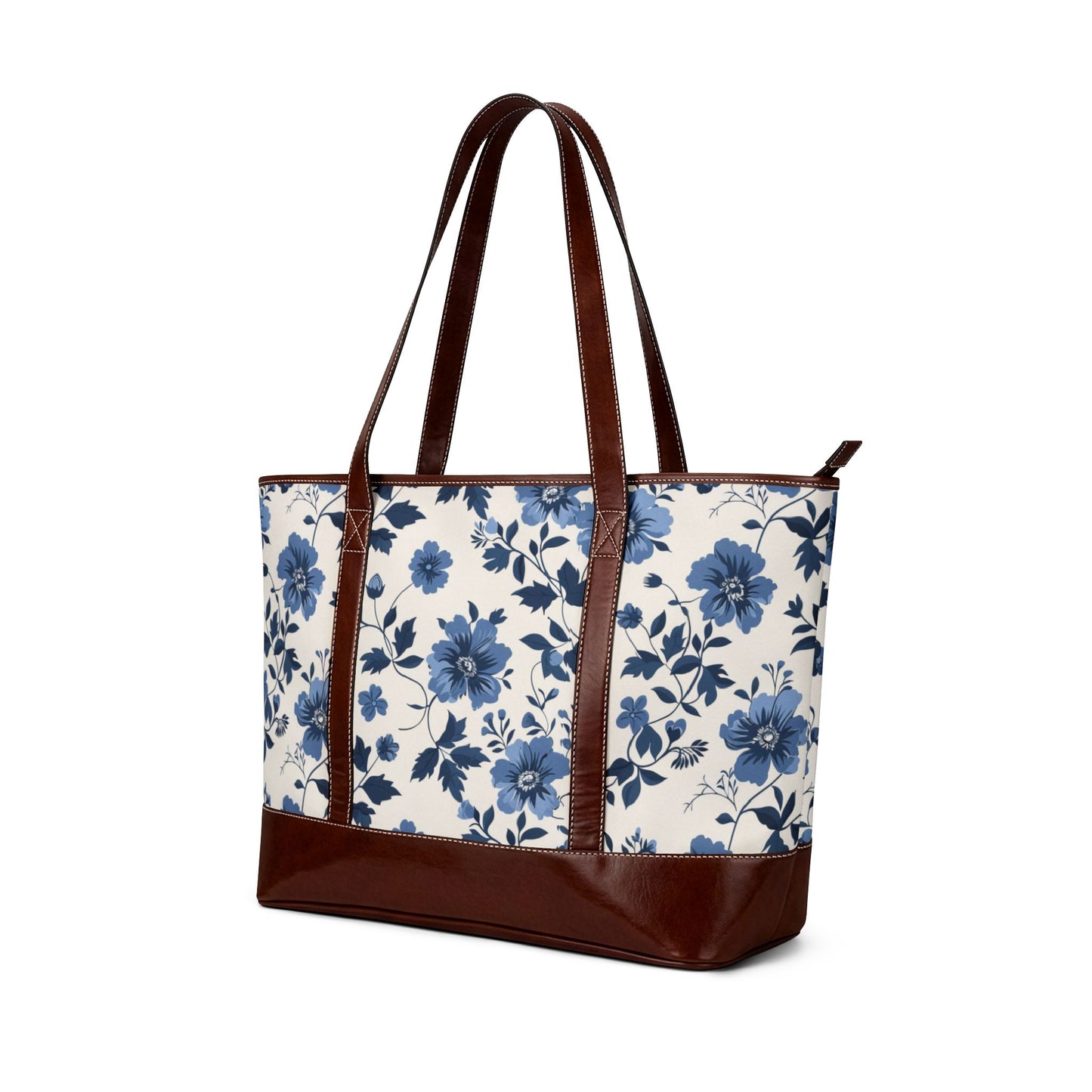 Chic Mediterranean Blue Floral Canvas Tote Bag - Elegant Botanical Shoulder Handbag with Faux Leather Trim