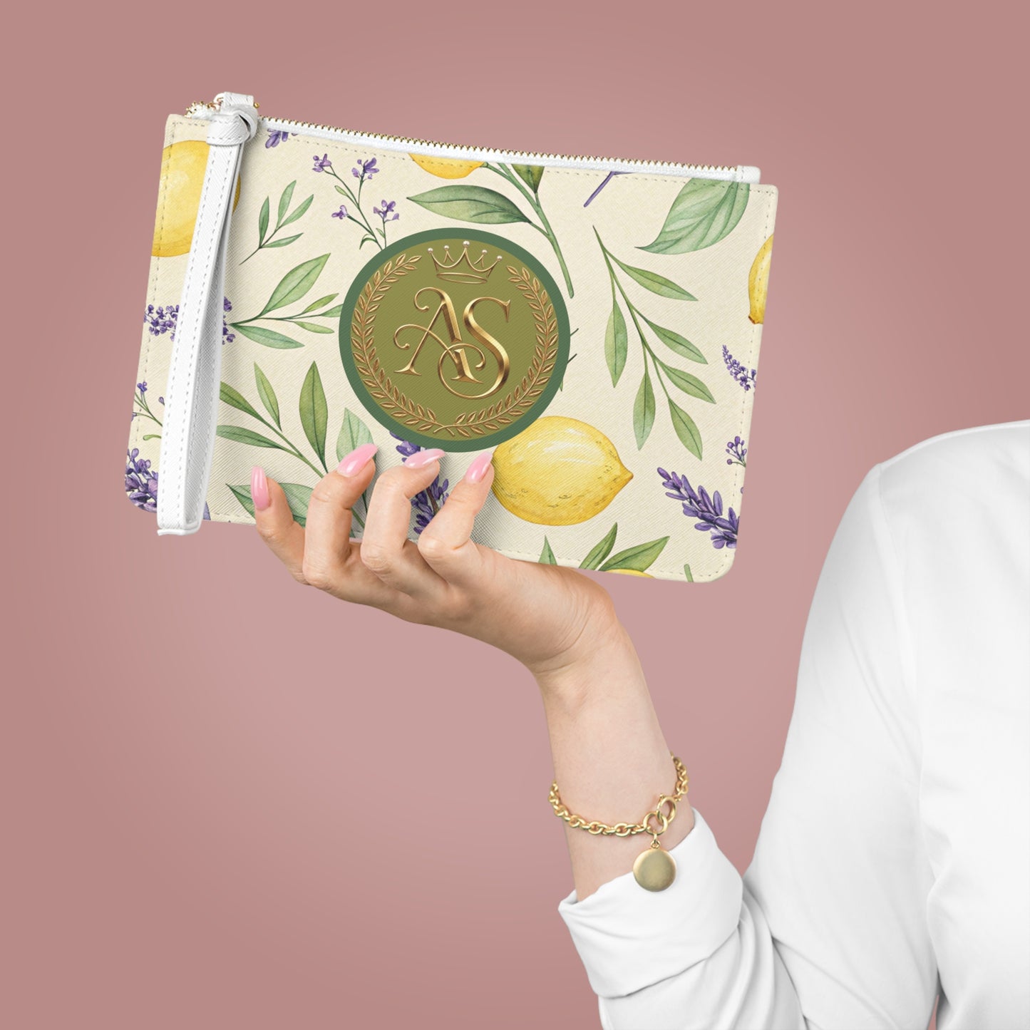 Elegant Lemon and Lavender Canvas Wristlet Clutch with AS Royal Crest - Mediterranean Botanical Summer Handbag by Anita Store
