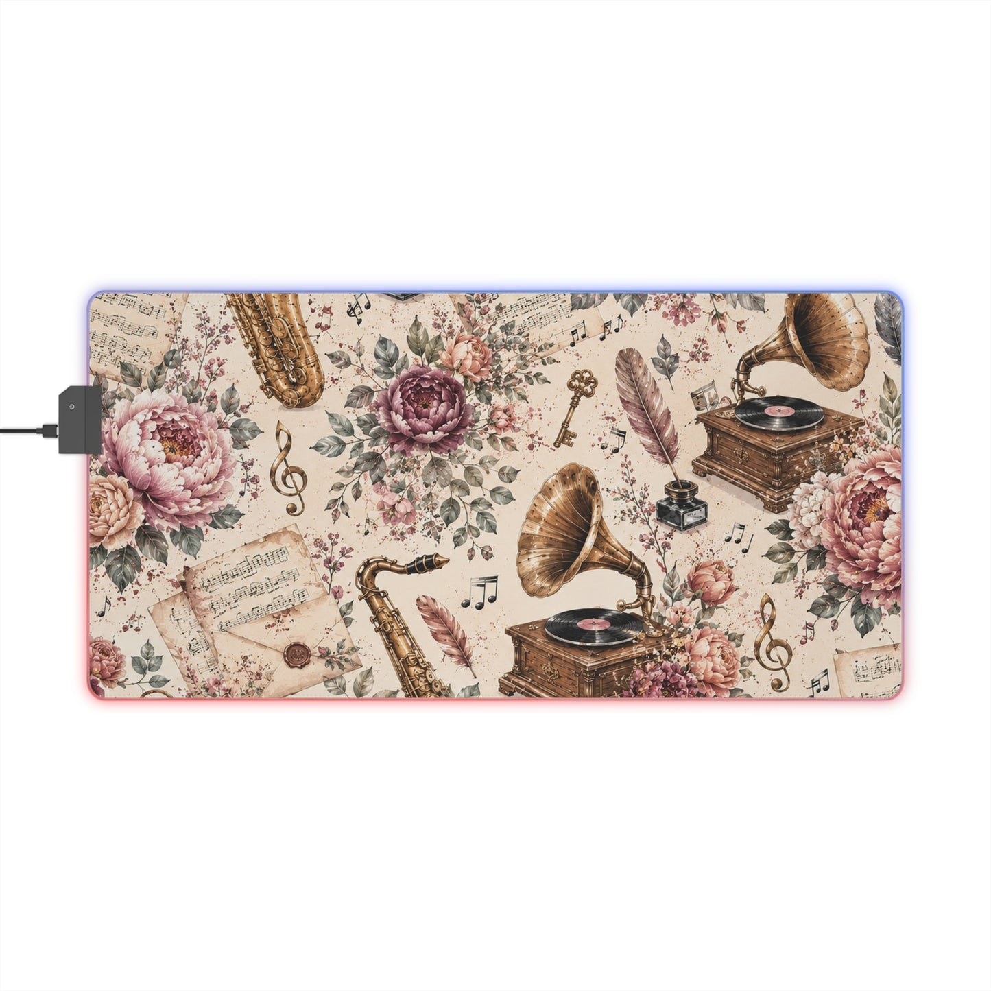 Vintage Music LED Gaming Mouse Pad - Dark Academia Desk Mat, Large RGB Keyboard Mat with Antique Gramophone & Botanical Rose Design, Aesthetic Desk Setup