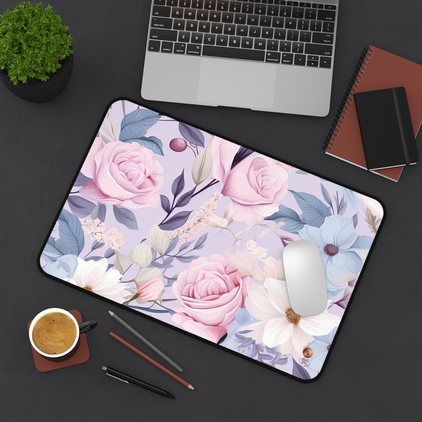 Floral Desk Mat XL - Pastel Botanical Mouse Pad - Large Aesthetic Purple Rose Desk Pad - Shabby Chic Office Decor - Coquette Style Extended Mousepad