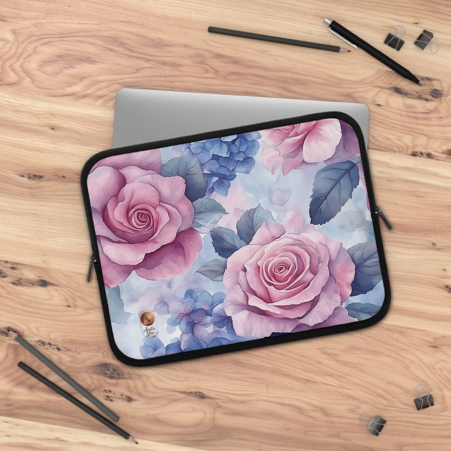 Floral Rose Laptop Sleeve — Pink & Blue Watercolor Rose Protective Case