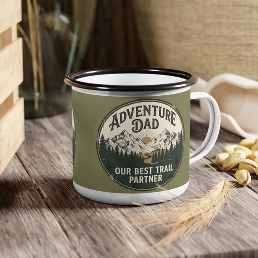 Adventure Dad Camping Mug - Retro Hiking Gift for Father's Day, 12oz Enamel Outdoorsy Coffee Cup, Best Trail Partner Present