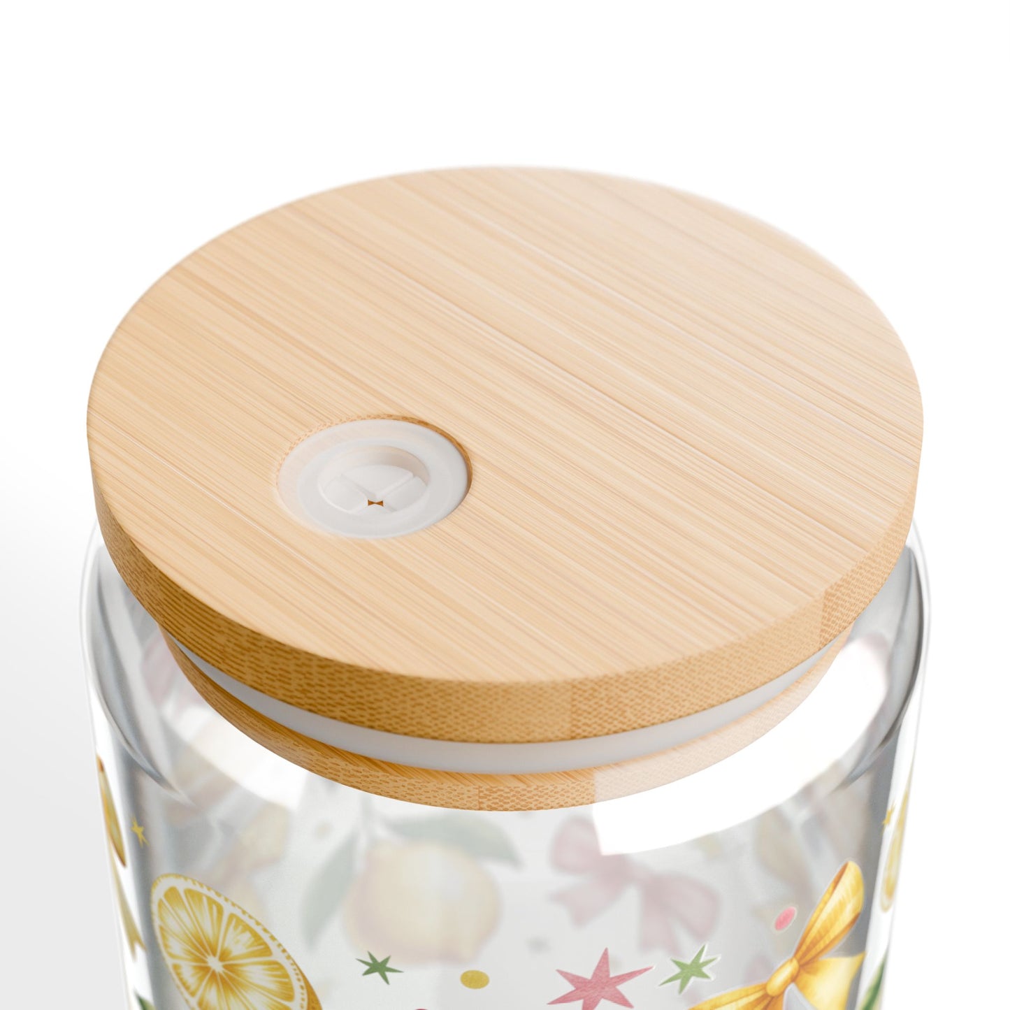 Lemon & Coquette Bow Aesthetic Can Glass - 16oz Iced Coffee Glass with Bamboo Lid & Straw - Summer Fruit Drinkware
