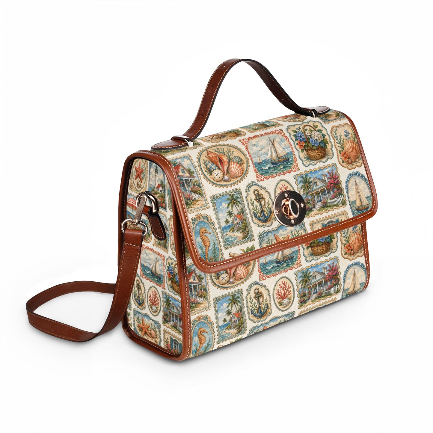 Vintage Coastal Stamp Shoulder Bag - Nautical Leather Trim Handbag - Retro Seaside Postcard Satchel - Elegant Beach Cottage Core Purse